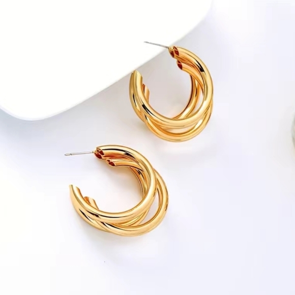 Triple Layer Gold Hoop Earrings - Picture 5 of 7